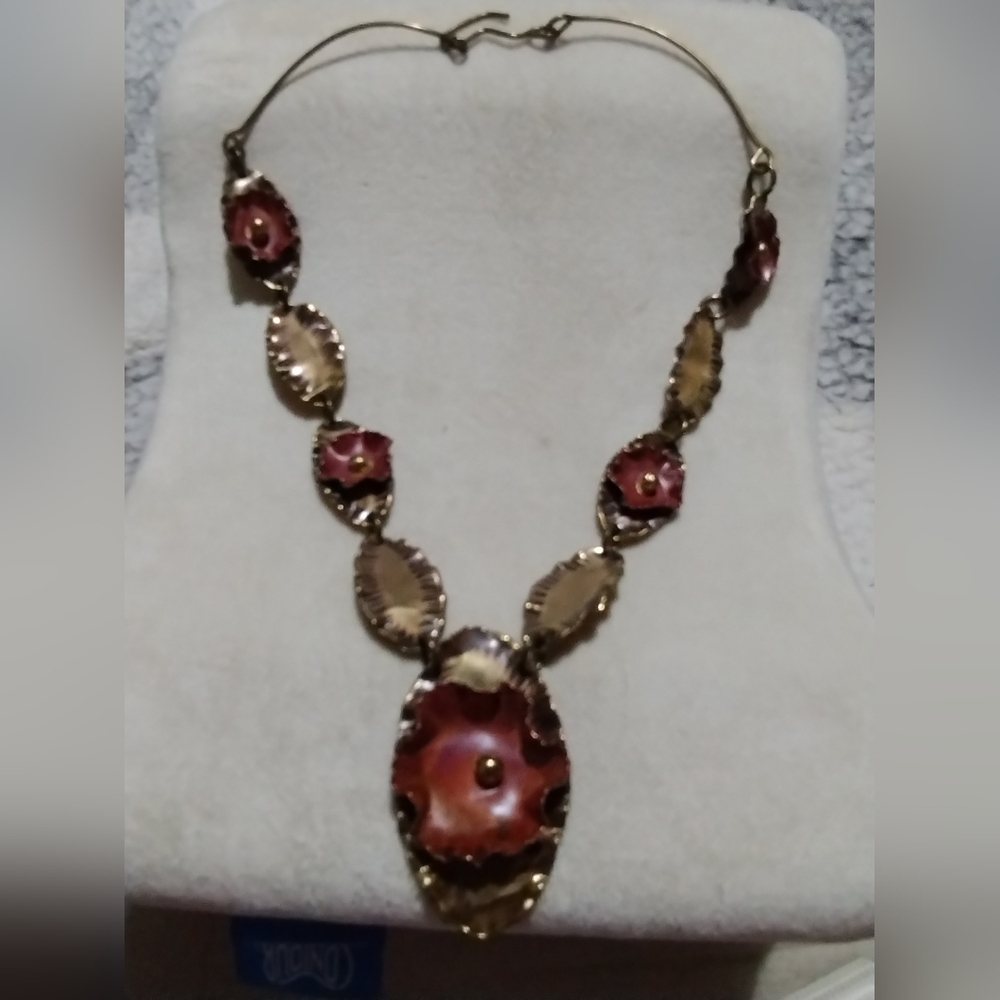 Vintage 1980s Metal Brass Rose Colored Necklace Made By The Zulu Tribe